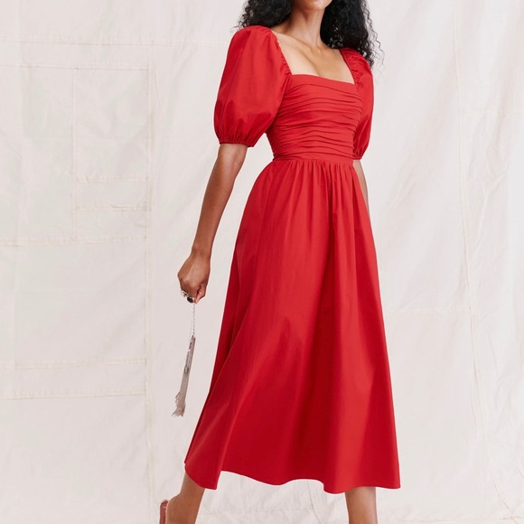 ❤️ BEST Reformation Rachelle Midi Dress Sz4 Cherry Red Party Wedding Cotton - Picture 9 of 10